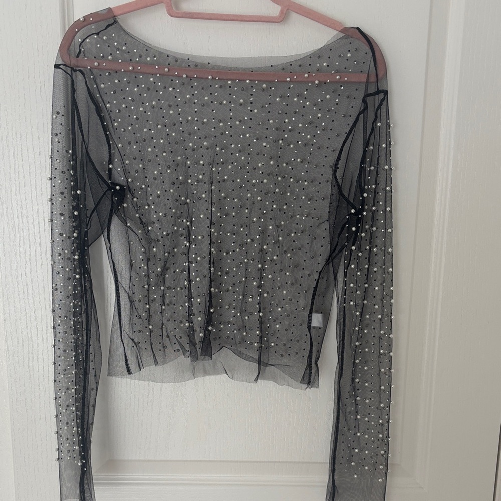 SHEIN Black Sheer Beaded Crop Top